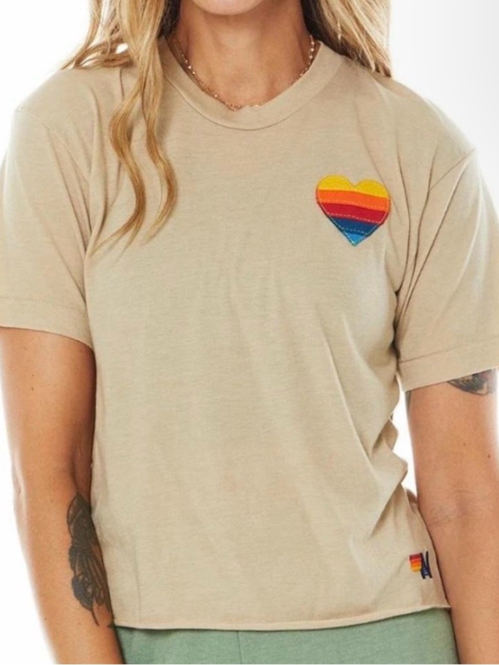 NWT Aviator Nation Rainbow Stitch Heart Boyfriend Tee Sand Size XL